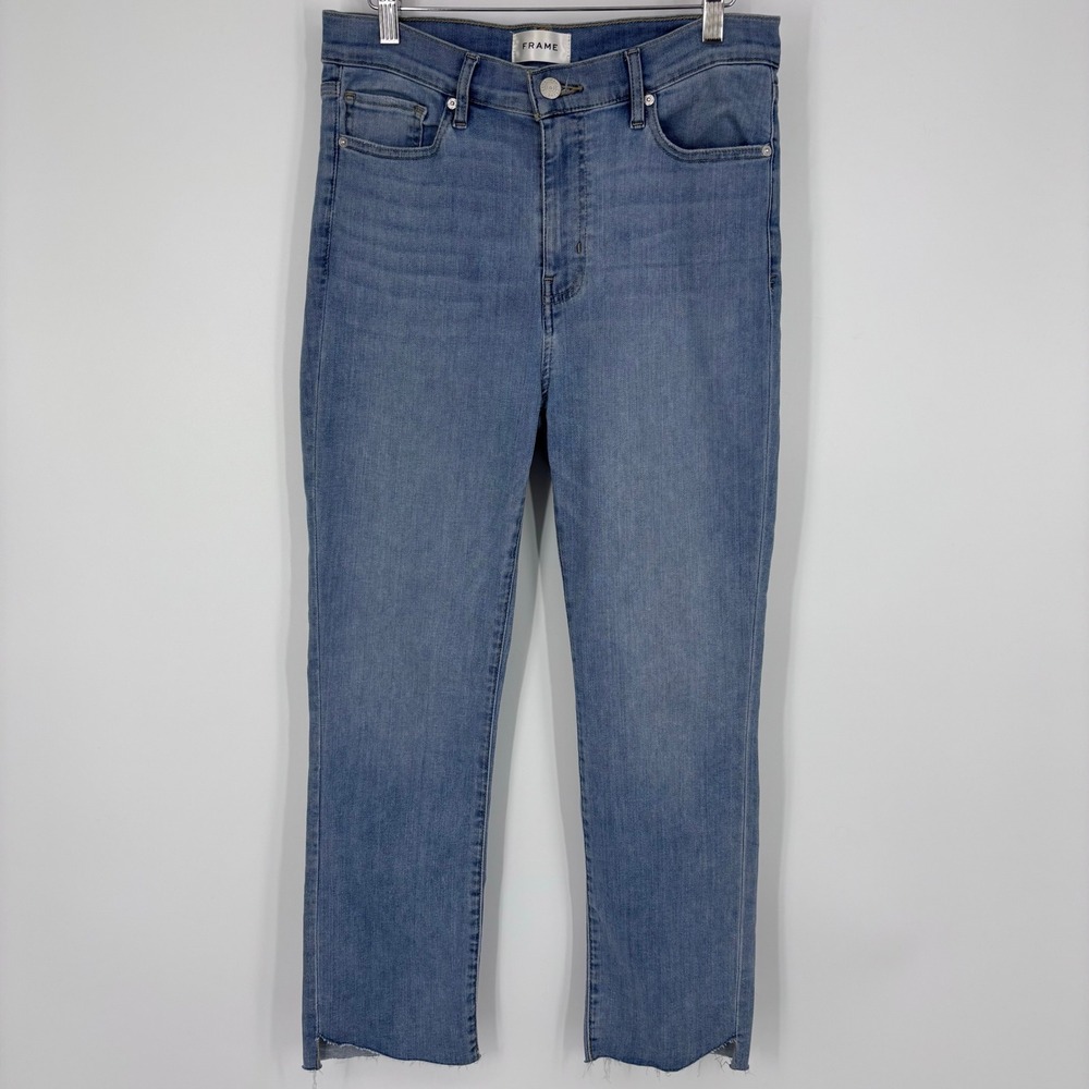 FRAME Le High Straight Wilson Cascade Hem Jeans Women 29 Light Wash Raw Denim
